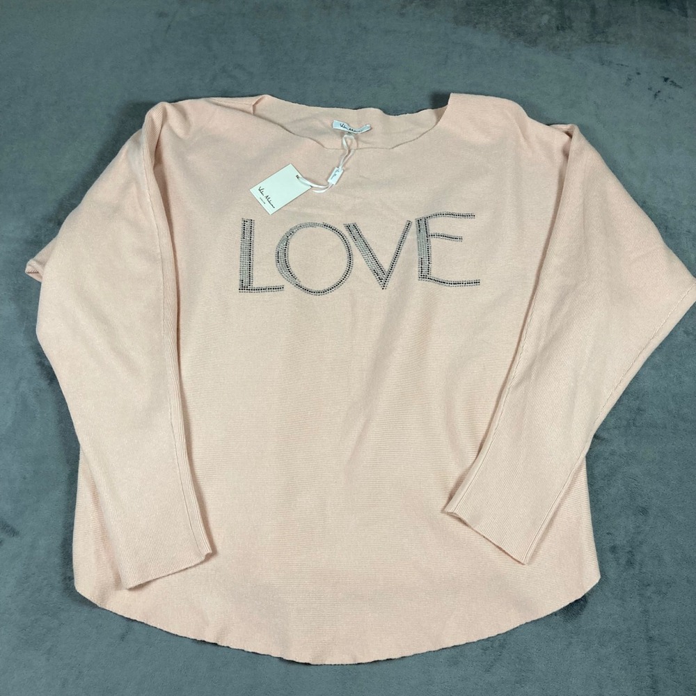 Vila Milano Soft Pink Rhinestone LOVE Ribbed Knit Sweater XL NWT